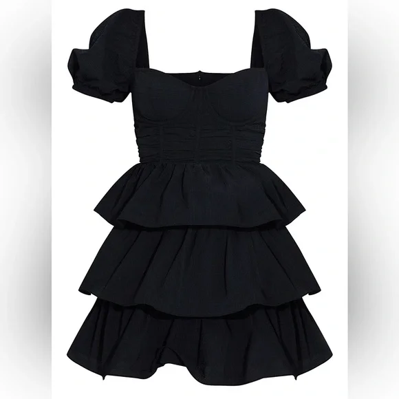 PRETTY LITTLE THING BLACK CRINKLE CUP DETAIL TIERED SKIRT SKATER DRESS SIZE 4 - Picture 15 of 15